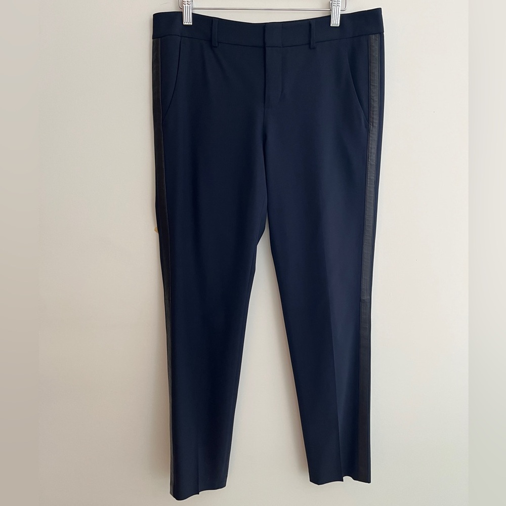 VINCE Lightweight Wool Dress Pants Leather Tuxedo Stripe Navy Blue Career Chic